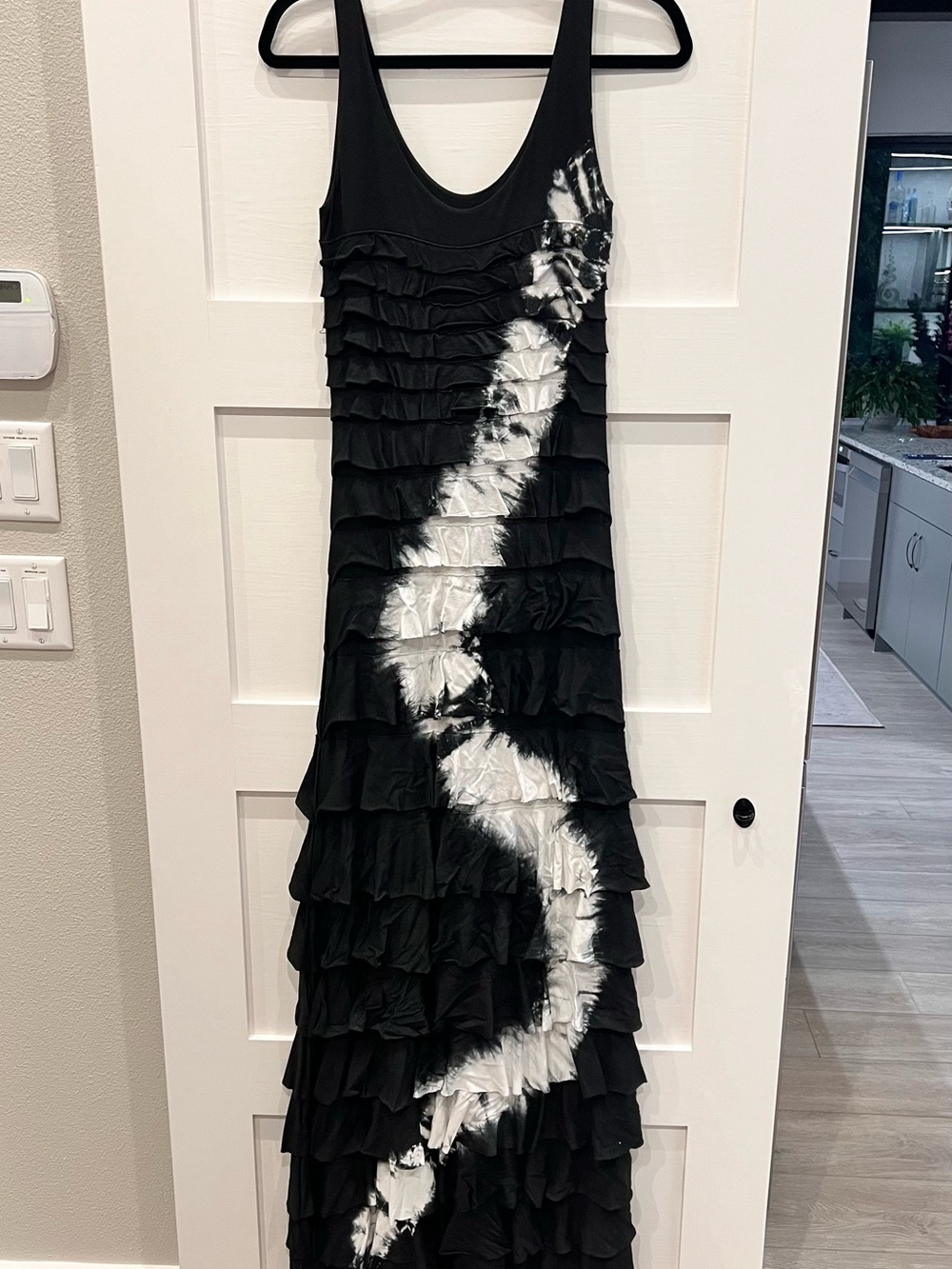 Black Maxi Dress with White Swirl Ruffle Detail